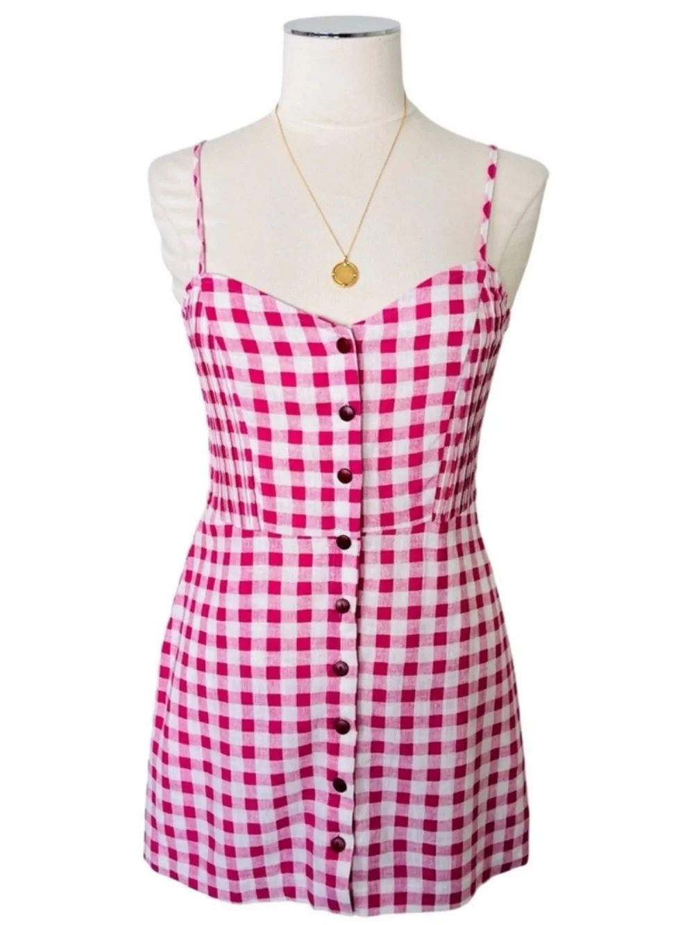 ZARA Pink Gingham Romper/ Mini Dress Sz M Linen Blend Playsuit Sweetheart  White